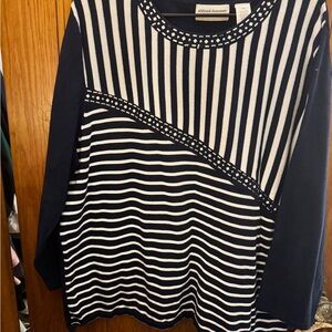 Alfred Dunner Navy and White Striped Top with Metallic Accents